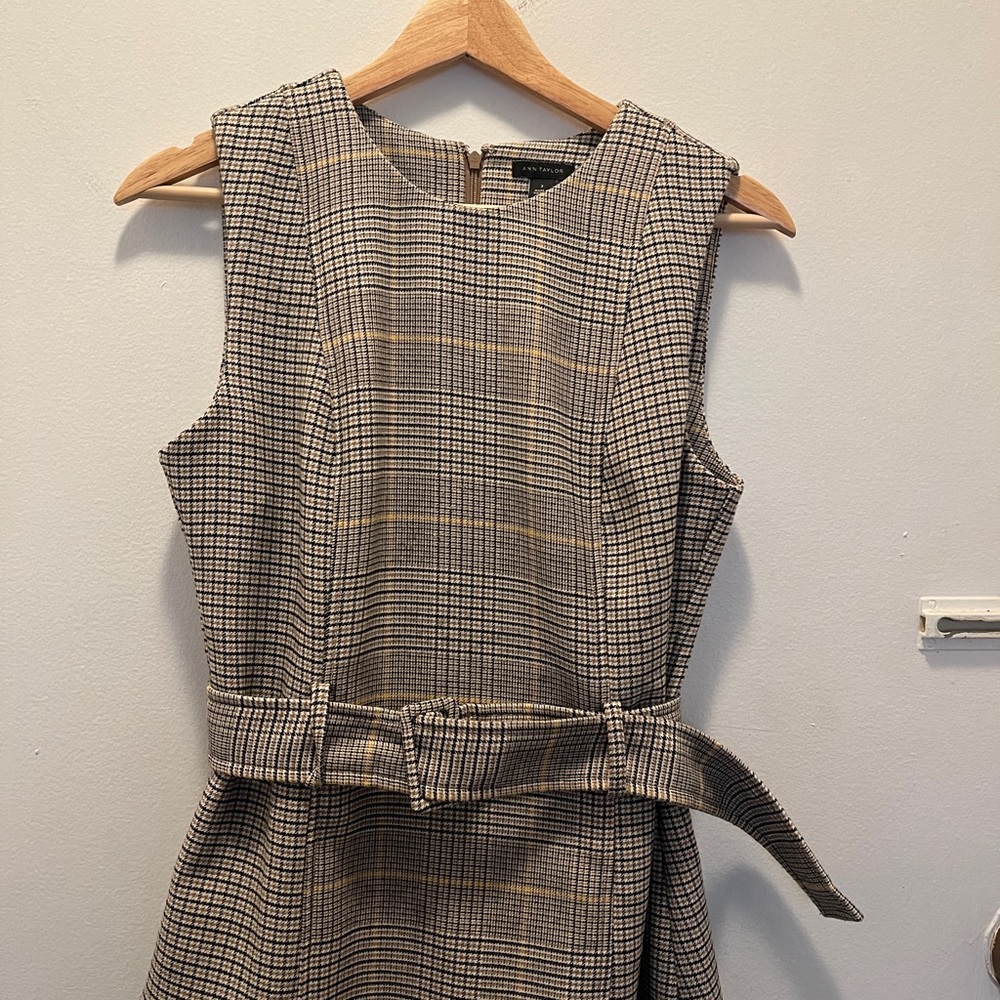 Ann Taylor Plaid Midi Dress in Black, White & Tan
